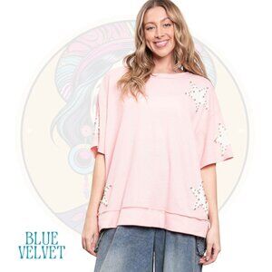 8V BLUE VELVET Super Soft Studded Star Patch Tee in Pink